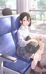 Rule 34 | 12 graka, 1girl, :o, absurdres, backpack, bag, bag on lap, black hair, black legwear, blush, brown eyes, brown footwear, collared shirt, commentary request, day, eyebrows hidden by hair, full body, highres, holding, holding bag, looking at viewer, open mouth, original, patterned clothing, shadow, shirt, short hair, sitting, skirt, socks, solo focus, sunlight, train interior, train station, uniform, white shirt, window