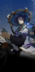 Rule 34 | 1boy, adjusting clothes, adjusting headwear, bare shoulders, bird, black bow, black footwear, black hair, black shirt, black shorts, blue cape, blue hat, blue ribbon, blue sash, blunt ends, bow, bridal gauntlets, cape, cloud, commentary request, eyeshadow, feathers, full body, genshin impact, glint, gold trim, hakama, hakama shorts, hand up, hat, head tilt, highres, jacket, japanese clothes, jingasa, lens flare, looking at viewer, makeup, male focus, obi, off shoulder, open clothes, open jacket, outdoors, parted bangs, parted lips, pom pom (clothes), purple eyes, purple hair, red eyeshadow, ribbon, rope, sandals, sash, scaramouche (genshin impact), shirt, short hair, short sleeves, shorts, shui ran moon, sidelocks, sky, sleeveless, sleeveless shirt, smile, solo, squatting, tassel, vision (genshin impact), wanderer (genshin impact), white jacket