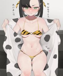 Rule 34 | 1girl, absurdres, animal print, asymmetrical bangs, bikini, black hair, blush, breasts, collarbone, couch, cow print, creatures (company), embarrassed, frown, game freak, gatchan, green eyes, hands up, highres, looking at viewer, marnie (pokemon), micro bikini, navel, nintendo, on couch, pokemon, pokemon swsh, robe, sitting, small breasts, solo, stomach, striped bikini, striped clothes, swimsuit, tears, thighs, tiger print, tiger stripes, twintails, wavy mouth, yellow bikini