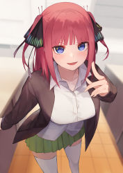 Rule 34 | &gt;:), 1girl, :d, absurdres, black cardigan, black ribbon, blue eyes, blunt bangs, blurry, blurry background, blush, breasts, butterfly hair ornament, cardigan, embarrassed, eyebrows hidden by hair, from above, go-toubun no hanayome, green skirt, hair ornament, hand up, highres, indoors, kitchen, large breasts, leaning forward, looking at viewer, nakano nino, open cardigan, open clothes, open mouth, pink hair, pointing, pointing at viewer, rakkasei, ribbon, school uniform, shirt, sidelocks, skirt, sleeves past wrists, smile, sweatdrop, thick thighs, thighhighs, thighs, twintails, v-shaped eyebrows, white shirt, white thighhighs, zettai ryouiki