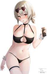 Rule 34 | 1girl, :o, absurdres, alternate costume, azur lane, bad id, bad pixiv id, bikini, black bikini, blush, bottle, breasts, character name, cleavage, collarbone, commentary request, dated, eyewear on head, hair between eyes, hair intakes, heart, heart-shaped eyewear, highres, holding, holding bottle, large breasts, looking at viewer, lotion, navel, nose blush, o-ring, o-ring top, red eyes, scrunchie, shiny skin, short hair, simple background, sirius (azur lane), sirius (scorching-hot seirios) (azur lane), slit pupils, solo, sunglasses, sunscreen, swimsuit, thigh strap, twitter username, white background, white hair, wrist scrunchie, xretakex