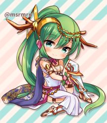Rule 34 | 1girl, artemis (p&amp;d), bad id, bad pixiv id, blush, breasts, cape, cleavage, green eyes, green hair, jewelry, long hair, mashiro miru, matching hair/eyes, necklace, ponytail, puzzle &amp; dragons, sandals, sitting, smile, solo, tiara