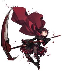 Rule 34 | 1girl, absurdres, black dress, black footwear, black hair, black pantyhose, boots, brown eyes, cloak, combination weapon, commentary, crescent rose, dress, english commentary, gun, hair behind ear, high heel boots, high heels, highres, holding, holding scythe, kaneblob, long gun, official art, pantyhose, red cloak, rifle, ruby rose, rwby, scythe, smile, sniper rifle, solo, weapon