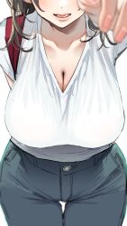 Rule 34 | 1girl, absurdres, arm behind back, black hair, blurry, breasts, cleavage, collarbone, depth of field, head out of frame, highres, karasuma yayoi, large breasts, open mouth, original, pants, pov, shirt, shirt tucked in, short sleeves, solo, white shirt