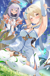 Rule 34 | 2girls, :d, ;), absurdres, arm behind head, armpits, arms up, bare shoulders, bird, blonde hair, blue sky, blush, breasts, cleavage, closed mouth, cloud, commentary, constellation, criss-cross halter, crystalfly (genshin impact), dress, dutch angle, falling leaves, flower, genshin impact, grass, grey eyes, hair flower, hair ornament, halter dress, halterneck, highres, holding own arm, leaf, lolipop (nmaf4445), looking at viewer, lumine (genshin impact), medium breasts, multiple girls, one eye closed, open mouth, outdoors, paimon (genshin impact), scarf, short dress, short hair, short hair with long locks, sidelocks, single thighhigh, sitting, sky, sleeveless, sleeveless dress, smile, thighhighs, thighs, wariza, white dress, white flower, white hair, white scarf, white thighhighs, yellow eyes, zettai ryouiki