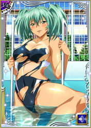 Rule 34 | 1girl, breasts, card (medium), female focus, green eyes, green hair, ikkitousen, large breasts, looking at viewer, one-piece swimsuit, ryofu housen, shiny skin, smile, swimsuit, twintails, water