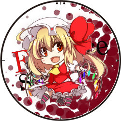 Rule 34 | &gt;:d, 1girl, :d, ahoge, ascot, blonde hair, bow, chibi, crystal, earlgrey, female focus, flandre scarlet, hat, hat bow, laevatein, low wings, lowres, no nose, open mouth, puffy sleeves, red eyes, short hair, short sleeves, side ponytail, smile, solo, touhou, v-shaped eyebrows, weapon, wings
