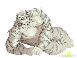 Rule 34 | 1boy, animal ears, arknights, bara, completely nude, convenient arm, cropped legs, facial hair, frown, furry, furry male, goatee, large pectorals, legs together, looking at viewer, male focus, mountain (arknights), muscular, muscular male, no nipples, nude, pectorals, scar, scar across eye, scar on arm, short hair, solo, thick eyebrows, thighs, tiger boy, tiger ears, white hair, ye cai hua chi xu yong yao