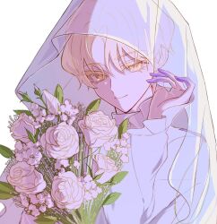 Rule 34 | 1boy, alien stage, bishounen, blonde hair, bouquet, closed mouth, colored eyelashes, colored skin, commentary request, flower, frilled sleeves, frills, gradient skin, hand up, highres, holding, holding bouquet, kyon (zmwh8222), long eyelashes, looking at viewer, luka (alien stage), male focus, portrait, purple skin, shirt, short hair, smile, solo, white background, white shirt, white veil, yellow eyes