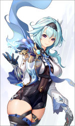Rule 34 | 1girl, absurdres, belt, black leotard, blue hair, cape, commentary request, eula (genshin impact), genshin impact, hair between eyes, hair ornament, hairband, hd-hlh-3h, highres, ice crystal, leotard, long sleeves, looking at viewer, medium hair, necktie, purple eyes, sidelocks, simple background, smile, solo, thighhighs, vision (genshin impact), zettai ryouiki