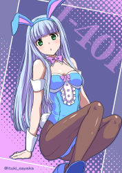 Rule 34 | 1girl, absurdres, animal ears, aoki hagane no arpeggio, back-seamed legwear, blue footwear, blue hair, blue leotard, blunt bangs, bow, bowtie, breasts, brown pantyhose, character name, detached collar, fake animal ears, green eyes, highres, invisible chair, iona (aoki hagane no arpeggio), itsuki sayaka, leotard, long hair, looking at viewer, pantyhose, pink bow, pink bowtie, playboy bunny, rabbit ears, rabbit tail, seamed legwear, sitting, small breasts, solo, tail, wrist cuffs