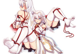 Rule 34 | 1girl, bdsm, blue eyes, bondage, bound, bridal veil, dress, full body, honkai (series), honkai impact 3rd, multiple views, no shoes, open mouth, panties, restrained, shibari, simple background, soles, textless version, theresa apocalypse, theresa apocalypse (celestial hymn), thighhighs, tied up (nonsexual), toes, tongue, tongue out, underwear, veil, wedding dress, white background, white dress, white hair, white panties, white thighhighs, yiduan zhu