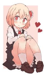 Rule 34 | 1girl, absurdres, blonde hair, blouse, brown footwear, closed mouth, collared shirt, food, full body, hair ribbon, highres, kamotsu yasai, long sleeves, looking at viewer, pink background, red eyes, red ribbon, ribbon, rumia, shirt, short hair, simple background, sitting, smile, socks, solo, touhou, waffle, white shirt, white socks