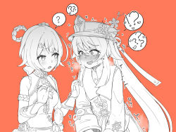 Rule 34 | !?, 2girls, ?, armband, bare shoulders, belt, blush, bow-shaped hair, braid, breasts, breath, china dress, chinese clothes, constricted pupils, dress, eye contact, fang, female focus, fingerless gloves, flower, genshin impact, gloves, greyscale with colored background, hair between eyes, hair ornament, hair ribbon, hairclip, hands up, hat, hat flower, heart, hu tao (genshin impact), japanese text, long hair, long sleeves, looking at another, looking to the side, lucifina 006, multiple girls, nervous smile, nose blush, open mouth, orange background, porkpie hat, raised eyebrow, ribbon, short hair, sidelocks, simple background, skin fang, sleeveless, sleeveless dress, small breasts, smile, speech bubble, spoken heart, spoken interrobang, spoken question mark, standing, steam, steaming body, sweat, tassel, tears, translation request, trembling, twintails, upper body, wide-eyed, xiangling (genshin impact)