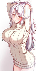 Rule 34 | 1girl, absurdres, arms behind head, arms up, azur lane, blush, breasts, closed mouth, gradient background, grey background, hair between eyes, highres, large breasts, long hair, long sleeves, looking at viewer, motion lines, moyoron, multicolored hair, orange eyes, parted bangs, prinz eugen (azur lane), red hair, ribbed sweater, solo, streaked hair, sweater, turtleneck, turtleneck sweater, very long hair, white background, white hair, white sweater