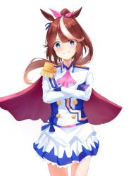 Rule 34 | 1girl, animal ears, ascot, asymmetrical gloves, bad id, bad pixiv id, blue eyes, blue gloves, blue jacket, blue skirt, brown hair, buttons, cape, cowboy shot, crossed arms, double-breasted, epaulettes, gloves, grin, hair flaps, hair ribbon, high ponytail, highres, horse ears, horse girl, jacket, long hair, long sleeves, looking at viewer, miniskirt, mismatched gloves, multicolored clothes, multicolored hair, multicolored jacket, pink ascot, pink ribbon, pleated skirt, red cape, ribbon, simple background, single epaulette, skirt, smile, solo, streaked hair, tokai teio (umamusume), two-tone hair, two-tone jacket, two-tone skirt, umamusume, uniform, v-shaped eyebrows, white background, white gloves, white hair, white jacket, white skirt, yunr