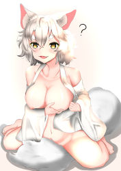 Rule 34 | 1girl, ?, absurdres, animal ears, artist request, belly, blonde hair, blush, bottomless, breast hold, breasts, breasts squeezed together, collarbone, convenient censoring, covering privates, covering breasts, fang, fox ears, highres, large breasts, midriff, navel, nipples, no bra, no panties, open mouth, short hair, sitting, smile, tail, tail censor, thick eyebrows, yellow eyes