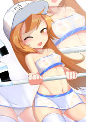 Rule 34 | 10s, 1girl, blush, breasts, brown hair, cameltoe, covered erect nipples, groin, hataraku saibou, highres, looking at viewer, navel, nipples, one eye closed, platelet (hataraku saibou), race queen, see-through, small breasts, smile, solo, sweat, thighhighs, white thighhighs
