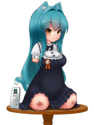 Rule 34 | 1girl, amputee, animal ears, blue hair, blush, bow, brown eyes, cat ears, cat tail, dress, highres, long hair, looking at viewer, mikey sukairain, quadruple amputee, ribbon, simple background, sitting, solo, table, tail, very long hair, white background