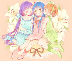 Rule 34 | 3girls, bare shoulders, blue dress, blue hair, blush, choker, closed eyes, commentary request, dress, flower, girl sandwich, gloves, green dress, hair between eyes, hair ribbon, hoshizora rin, lily (flower), lily white (love live!), long hair, love live!, love live! school idol project, low twintails, multiple girls, orange hair, pink dress, purple hair, ribbon, sandwiched, shiranai love oshiete love, short hair, sitting, smile, sonoda umi, tojo nozomi, twintails, yellow eyes