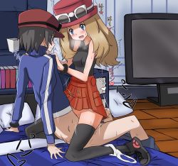 Rule 34 | 1boy, 1girl, arm support, ass, bare shoulders, black eyes, black footwear, black hair, black shirt, black thighhighs, blonde hair, blue eyes, blue jacket, blush, book, bookshelf, bracelet, breasts, breath, calem (pokemon), closed mouth, clothed sex, clothes pull, collarbone, creatures (company), eye contact, eyewear on headwear, franberyll, full body, game freak, girl on top, hands on another&#039;s shoulders, hands up, happy sex, hat, heart, hetero, highres, indoors, jacket, japanese text, jewelry, kneeling, long hair, long sleeves, looking at another, matching hair/eyes, miniskirt, motion lines, nintendo, on bed, open mouth, panties, panties around leg, pants, pants pull, pillow, pleated skirt, poke ball theme, pokemon, pokemon xy, pussy, red headwear, red skirt, serena (pokemon), sex, shirt, shoes, short hair, sitting, skirt, sleeveless, sleeveless shirt, small breasts, smile, spoken heart, sunglasses, sweat, television, thighhighs, translation request, trembling, uncensored, underwear, vaginal, white-framed eyewear, white panties