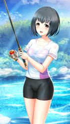 Rule 34 | 1girl, :d, bike shorts, black hair, black shorts, brown eyes, collarbone, day, doukyuusei, doukyuusei another world, fishing rod, game cg, holding rod, official art, open mouth, outdoors, saitou ako, see-through, shirt, short hair, short shorts, short sleeves, shorts, smile, solo, standing, wet, wet clothes, wet shirt, white shirt
