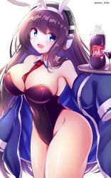 Rule 34 | 1girl, animal ears, azur lane, black hair, blue eyes, blush, breasts, cleavage, cola, cup, drinking glass, fake animal ears, glass, headphones, highres, jacket, kamishiro (rsg10679), large breasts, leotard, long hair, long island (azur lane), necktie, open clothes, open jacket, oversized clothes, playboy bunny, rabbit ears, solo, very long hair