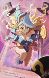 Rule 34 | 1girl, bare shoulders, blonde hair, blue dress, blue footwear, blue hat, blurry, blush, boots, breasts, cleavage, commentary, dark magician girl, depth of field, dress, duel monster, english commentary, floating hair, green eyes, hair between eyes, hat, highres, holding, holding staff, large breasts, long hair, looking at viewer, m.q (mqkyrie), magical girl, magical hats (yu-gi-oh!), miniskirt, off-shoulder dress, off shoulder, skirt, smile, solo, staff, very long hair, wide hips, wizard hat, yu-gi-oh!