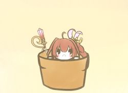 Rule 34 | 1girl, ahoge, beige background, blush, chibi, commentary request, flower knight girl, flower pot, holding, holding wand, in container, koti, looking at viewer, open mouth, pachira (flower knight girl), partial commentary, red hair, solid oval eyes, solo, wand