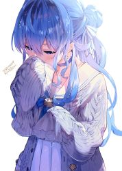 Rule 34 | 1girl, blue bow, blue bowtie, blue choker, blue eyes, blue hair, blush, bow, bowtie, cardigan, choker, covering own mouth, dated, earrings, grey cardigan, hair between eyes, hair ribbon, hand up, highres, hololive, hoshimachi suisei, hoshimachi suisei (school uniform), jewelry, kintotomaturi, long hair, long sleeves, looking away, open cardigan, open clothes, pleated skirt, ponytail, ribbon, sailor collar, signature, simple background, skirt, sleeves past fingers, sleeves past wrists, solo, virtual youtuber, white background, white ribbon, white sailor collar, white skirt