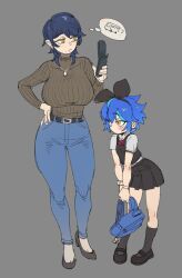 Rule 34 | 2girls, bag, black hair, black skirt, blue hair, blue pants, bow hairband, breasts, brown sweater, cellphone, denim, dif&#039;s mother (difman), dif (difman), difman, flat color, flip phone, full body, hairband, high-waist pants, high heels, highres, holding, holding phone, jeans, large breasts, mature female, medium hair, mole, mole under eye, mole under mouth, mother and daughter, multicolored hair, multiple girls, multiple moles, oekaki, original, pants, phone, pumps, ribbed sweater, school bag, school uniform, short hair, skirt, streaked hair, sweater, thought bubble, turtleneck, turtleneck sweater, yellow eyes