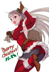 Rule 34 | 1girl, backless dress, backless outfit, belt, boots, breasts, capcom fighting jam, christmas, dress, gloves, hairpods, highres, ingrid (capcom), long hair, merry christmas, pantyhose, red eyes, sack, santa costume, shoes, skirt, smile, solo, tetsu (kimuchi), thighhighs, thighhighs over pantyhose, white hair