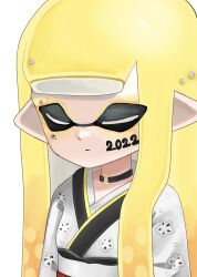 Rule 34 | 1girl, 2022, absurdres, black choker, blonde hair, choker, closed eyes, closed mouth, commentary request, eyeshadow, facial mark, highres, inkling, inkling girl, inkling player character, japanese clothes, kimono, long hair, makeup, negi kobito, nintendo, o-ring, o-ring choker, orange eyeshadow, pearl hair ornament, pointy ears, simple background, solo, splatoon (series), star (symbol), star facial mark, tentacle hair, upper body, white background