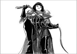 Rule 34 | 1girl, adepta sororitas, armor, artist name, backpack, bag, black footwear, black gloves, black hair, bob cut, boobplate, boots, breastplate, dominatrix, evil smile, gloves, holding, holding whip, looking at viewer, lutherniel, mole, mole under mouth, pauldrons, power armor, shoulder armor, smile, solo, thigh boots, warhammer 40k