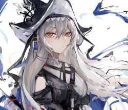 Rule 34 | 1girl, arknights, black dress, black hat, black headband, breasts, chinese commentary, cleavage, closed mouth, commentary request, dress, hair between eyes, hat, headband, highres, layered dress, lch, long hair, long sleeves, looking at viewer, red eyes, simple background, small breasts, solo, specter (arknights), specter the unchained (arknights), upper body, very long hair, white background, white dress