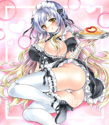 Rule 34 | 1girl, alternate costume, artist name, ass, at classics, blush, breasts, covered erect nipples, enmaided, food, frills, gradient hair, hair censor, hair over breasts, heart, high heels, hijiri byakuren, holding, holding tray, large breasts, long hair, looking at viewer, maid, maid headdress, multicolored hair, one breast out, panties, parted lips, sample watermark, short sleeves, sidelocks, solo, thighhighs, touhou, traditional media, tray, two-tone hair, underwear, very long hair, watermark, white panties, white thighhighs, yellow eyes