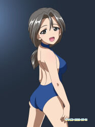 Rule 34 | 1girl, ass, blue one-piece swimsuit, blush, breasts, freckles, girls und panzer, grey eyes, grey hair, highres, large breasts, long hair, looking at viewer, naotosi, one-piece swimsuit, open mouth, piyotan (girls und panzer), ponytail, smile, solo, swimsuit