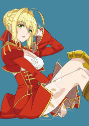 Rule 34 | 1girl, absurdres, ahoge, aqua background, blonde hair, blush, braid, breasts, cleavage, dress, epaulettes, fate/extra, fate (series), french braid, green eyes, hair between eyes, hair bun, hair intakes, hair ribbon, hand in own hair, highres, knees up, large breasts, long hair, long sleeves, looking at viewer, nero claudius (fate), nero claudius (fate) (all), nero claudius (fate/extra), open mouth, red dress, red ribbon, ribbon, sidelocks, simple background, single hair bun, sitting, solo, sungose, thighs