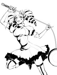 Rule 34 | 1girl, ai (ai1470), arrancar, bleach, cirucci sanderwicci, dress, drill hair, elbow gloves, facial mark, gloves, greyscale, highres, looking at viewer, monochrome, smile, solo, stitches, thighhighs, twintails, weapon, whip