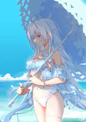 Rule 34 | 1girl, absurdres, ahoge, bare shoulders, beach, bikini, blue sky, breasts, cleavage, esoul, fate/grand order, fate (series), frilled bikini, frills, highres, lady avalon (fate), lady avalon (second ascension) (fate), long hair, medium breasts, merlin (fate/prototype), navel, ocean, parasol, pointy ears, purple eyes, shore, sky, smile, swimsuit, thighs, umbrella, very long hair, white bikini, white hair