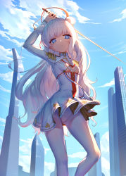 Rule 34 | + +, 1girl, absurdres, azur lane, blue eyes, breasts, building, chinese commentary, cityscape, closed mouth, clothing cutout, commentary request, day, double bun, dress, epaulettes, from below, hair bun, highres, holding, holding sword, holding weapon, le malin (azur lane), light smile, long hair, long sleeves, looking at viewer, looking down, outdoors, panties, panties under pantyhose, pantyhose, rapier, ruochongsang, sidelocks, silver hair, skirt, skyscraper, small breasts, solo, sunlight, sword, underboob, underboob cutout, underwear, very long hair, weapon, white dress, white panties, white pantyhose, white skirt