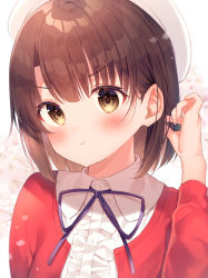 Rule 34 | 1girl, :t, beret, blue ribbon, blush, brown eyes, brown hair, center frills, closed mouth, collared shirt, commentary request, floral background, frills, gyozanuko, hand up, hat, highres, jacket, katou megumi, long sleeves, looking at viewer, neck ribbon, open clothes, open jacket, petals, pout, red jacket, ribbon, saenai heroine no sodatekata, shirt, solo, upper body, v-shaped eyebrows, white hat, white shirt