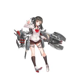 Rule 34 | 1girl, :o, anchor, arm up, bare legs, black hair, black socks, bow, breasts, brown skirt, buttons, cannon, collarbone, eyebrows, full body, hood, hoodie, index finger raised, jewelry, kumano (warship girls r), legs apart, long hair, long sleeves, looking at viewer, looking to the side, machinery, miniskirt, official art, pendant, pigeon-toed, pleated skirt, pocket, red bow, school uniform, shoes, side ponytail, skirt, small breasts, socks, solo, standing, thigh strap, torpedo, transparent background, turret, warship girls r, yellow eyes, zi se