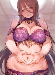 Rule 34 | 1girl, bare shoulders, blush, breasts, brown eyes, brown hair, c.cu, character name, cleavage, curvy, dancer, large breasts, long hair, mole, mole on stomach, navel, open mouth, plump, solo, tsuyuhara miu