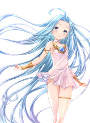 Rule 34 | 1girl, :o, ahoge, armlet, armpit peek, armpits, bare shoulders, blue eyes, blue hair, blush, breasts, bridal gauntlets, choker, collarbone, dress, floating hair, glint, granblue fantasy, hair intakes, head tilt, highres, legs together, long hair, looking at viewer, lyria (granblue fantasy), no panties, see-through, short dress, simple background, small breasts, solo, standing, straight hair, strapless, strapless dress, thigh gap, thighlet, tomo (tmtm mf mf), very long hair, white background, white choker, white dress
