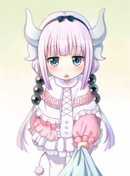 Rule 34 | 1girl, blue eyes, blush, bow hairband, child, commentary request, dragon girl, dragon horns, frills, gradient background, hairband, horns, kanna kamui, kobayashi-san chi no maidragon, looking at viewer, open mouth, purple hair, simple background, solo, tail, thighhighs, tug, yatomi