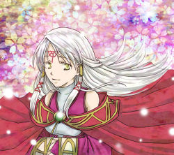 Rule 34 | 1girl, cape, circlet, detached sleeves, fire emblem, fire emblem: radiant dawn, floral background, flower, hair tubes, half updo, long hair, long sleeves, lowres, micaiah (fire emblem), nintendo, osakabe yanagi, silver hair, solo, yellow eyes