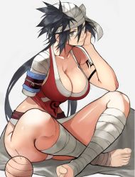 Rule 34 | 1girl, absurdres, amputee, bandaged head, bandaged leg, bandages, bare shoulders, barefoot, biceps, black hair, bleach, breasts, cleavage, closed mouth, feet, grey eyes, highres, indian style, large breasts, long hair, looking at viewer, muscular, muscular female, panties, shiba kuukaku, simple background, sitting, smile, tattoo, underwear, white panties, yoshio (55level)