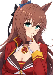 Rule 34 | 1girl, animal ears, aqua eyes, black bow, blue bow, blush, bow, breasts, brown choker, brown hair, choker, cleavage, closed mouth, commentary, ear bow, finger to own chin, hair between eyes, highres, horse ears, horse girl, jacket, jewelry, large breasts, long hair, long sleeves, looking at viewer, maruzensky (umamusume), necklace, open clothes, open jacket, red jacket, simple background, smile, solo, umamusume, upper body, very long hair, white background, yahiro (epicopeiidae)