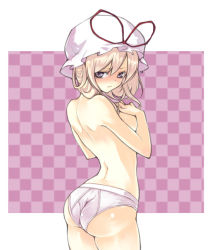 Rule 34 | 1girl, alternate hairstyle, ass, back, blush, breast suppress, breasts, briefs, classic fly briefs, female focus, from behind, hair up, looking back, male underwear, miya9, panties, solo, tears, touhou, underwear, underwear only, white briefs, yakumo yukari
